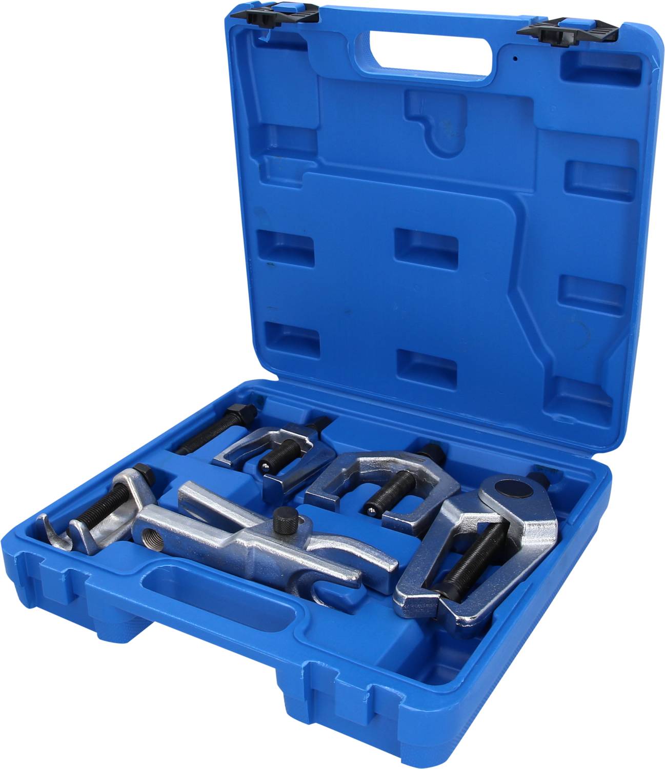 A blue plastic case contains various metal tools, arranged in precisely fitting compartments.