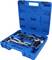 A blue plastic case contains various metal tools, arranged in precisely fitting compartments.