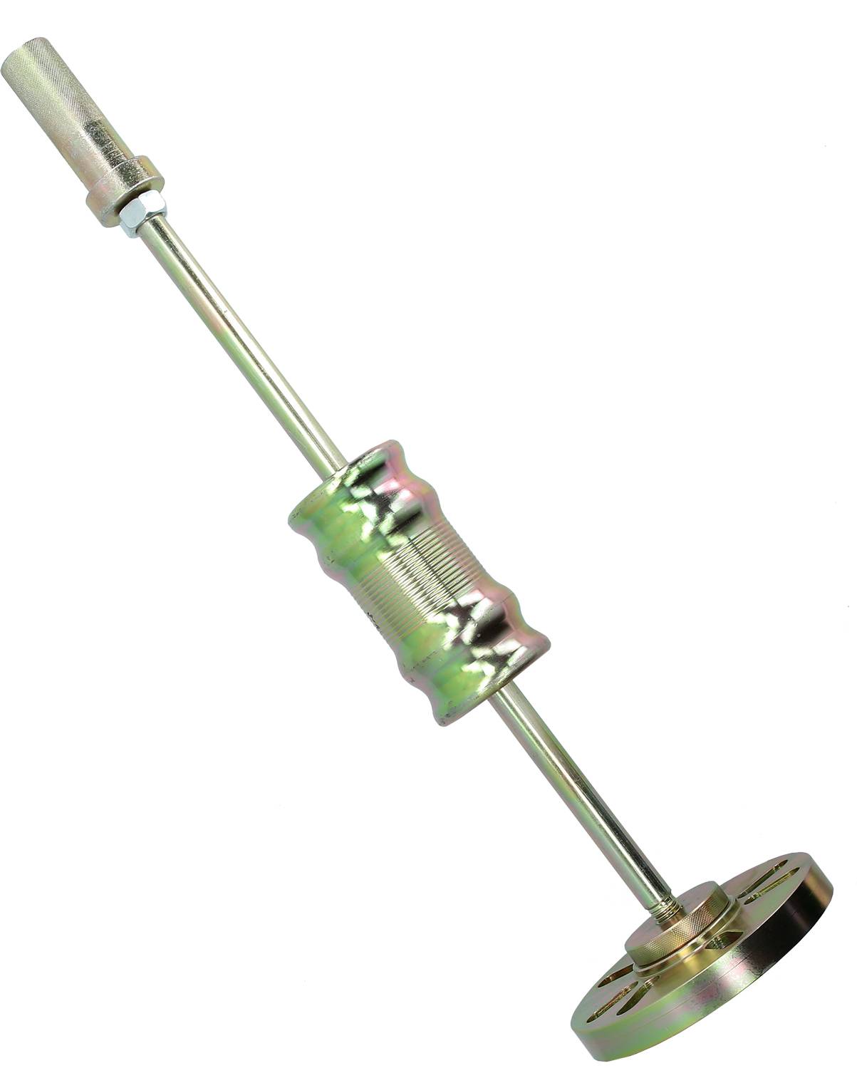 A metallic tool with a long handle, a cylindrical weight in the middle, and a flat, round end.