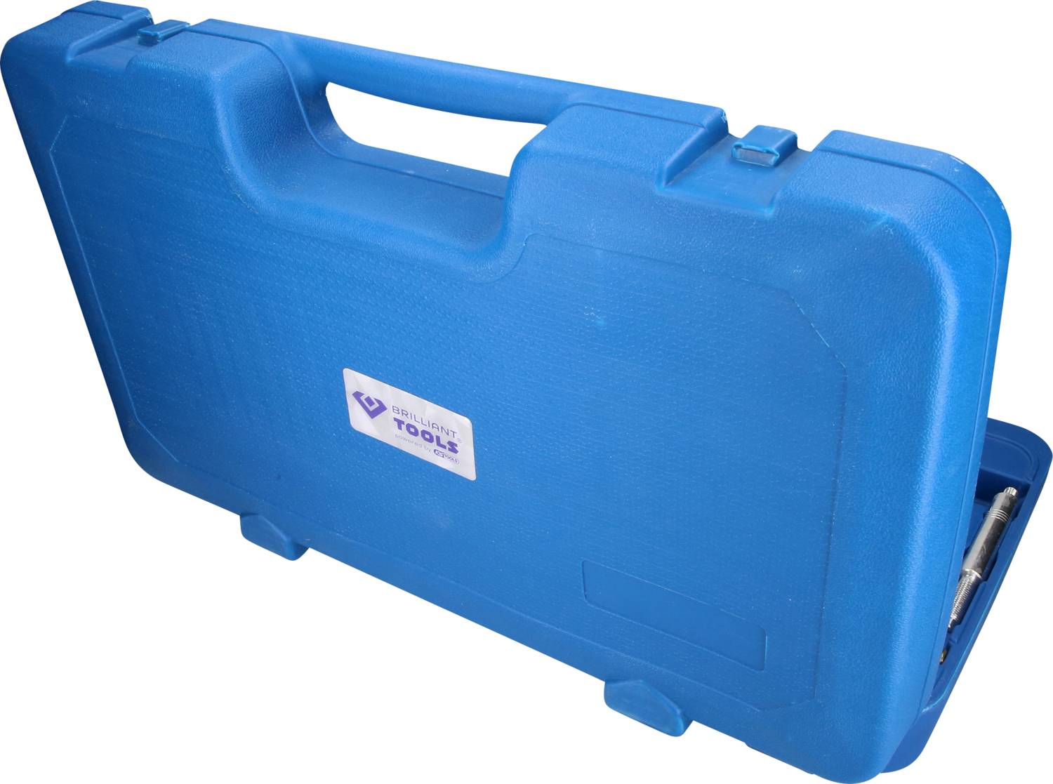 A blue tool case with a handle, open, reveals part of the tools contained within.