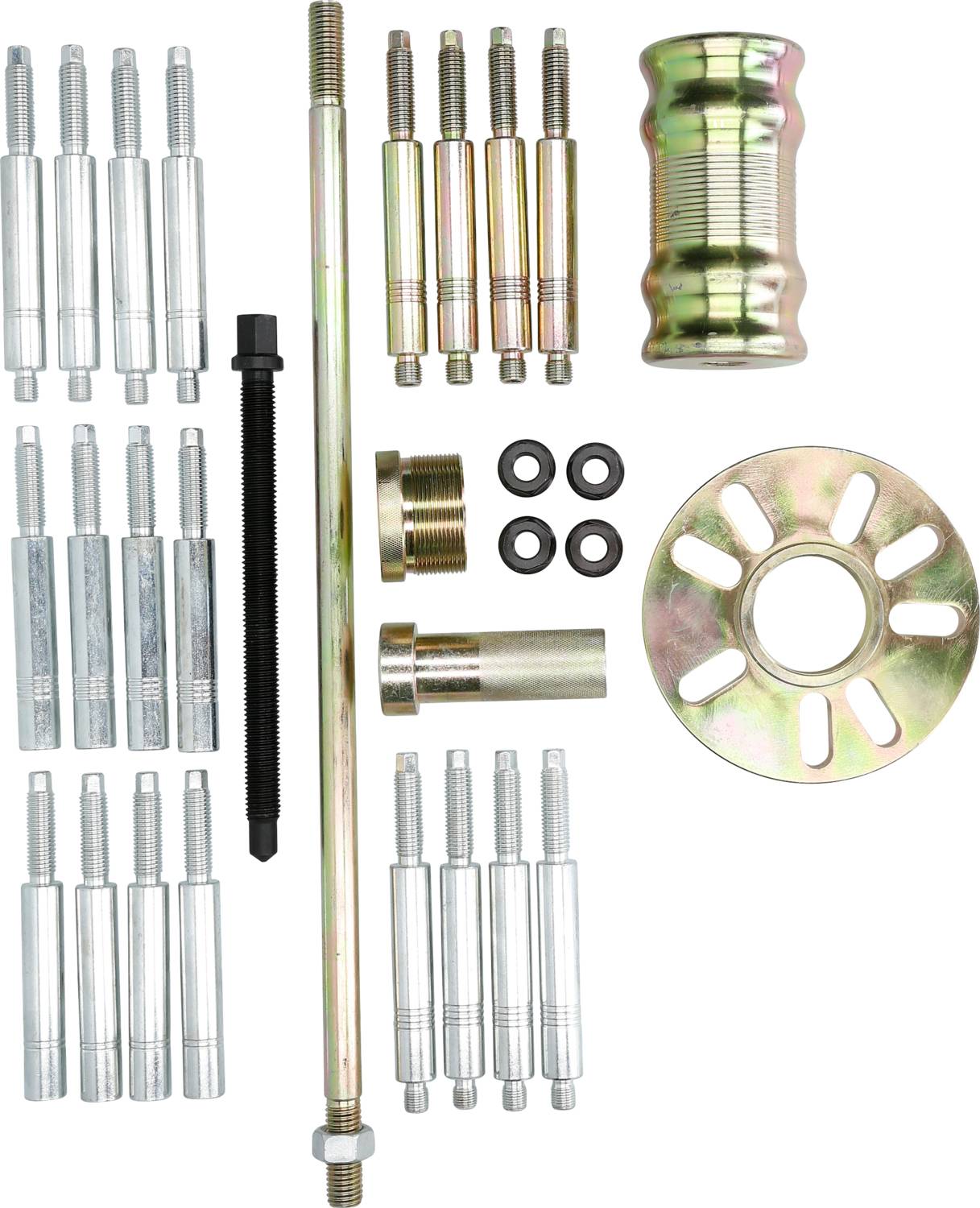 A set of automotive tools, comprising bolts, nuts, and a puller, arranged on a white background.