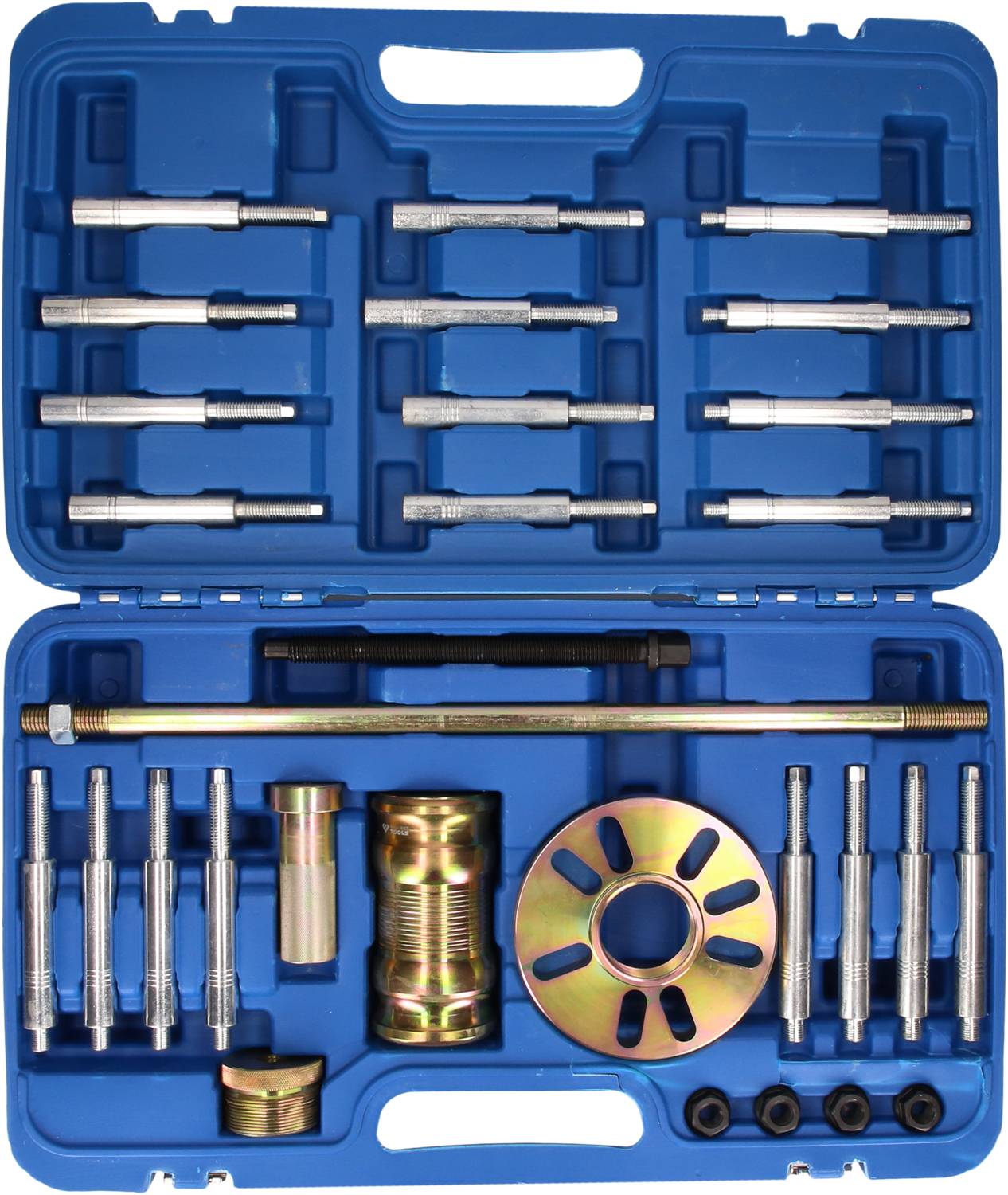 A blue tool case with various inserts and tools, likely for automotive repairs or precision work.