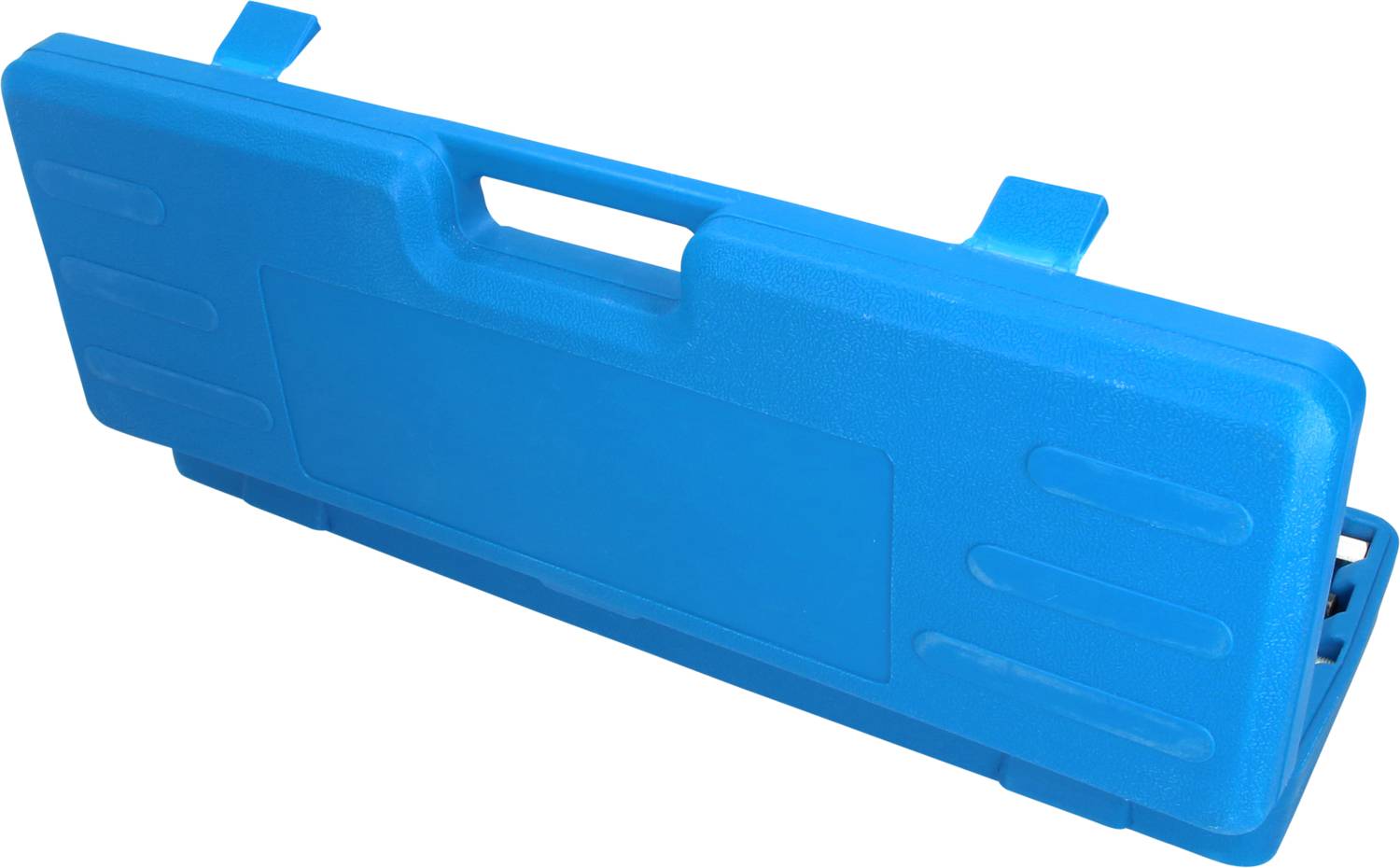 Blue, rectangular plastic case with handle and locks, presumably intended for storing or transporting tools.