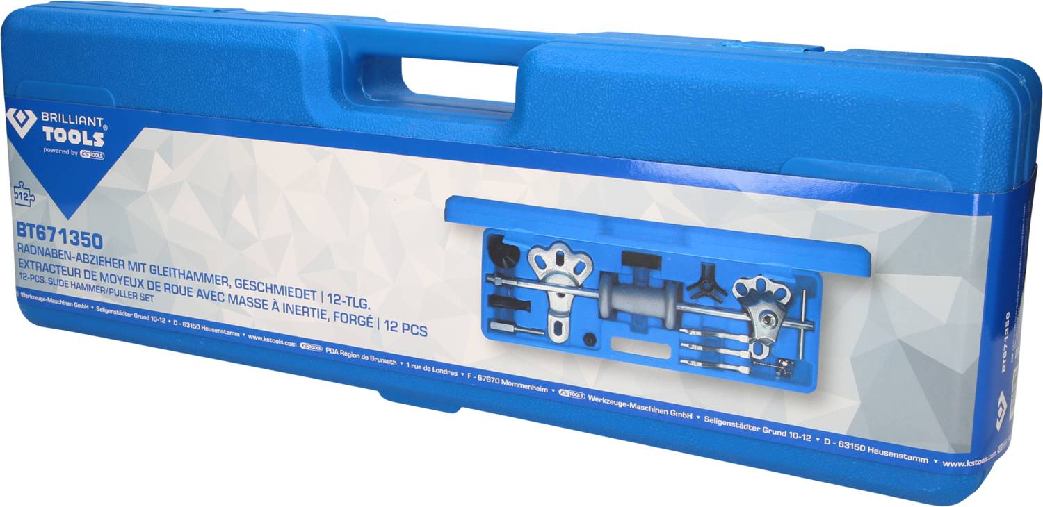Blue plastic case with a brake calliper piston reset set, 12-piece. Contains tools for maintaining brake systems.