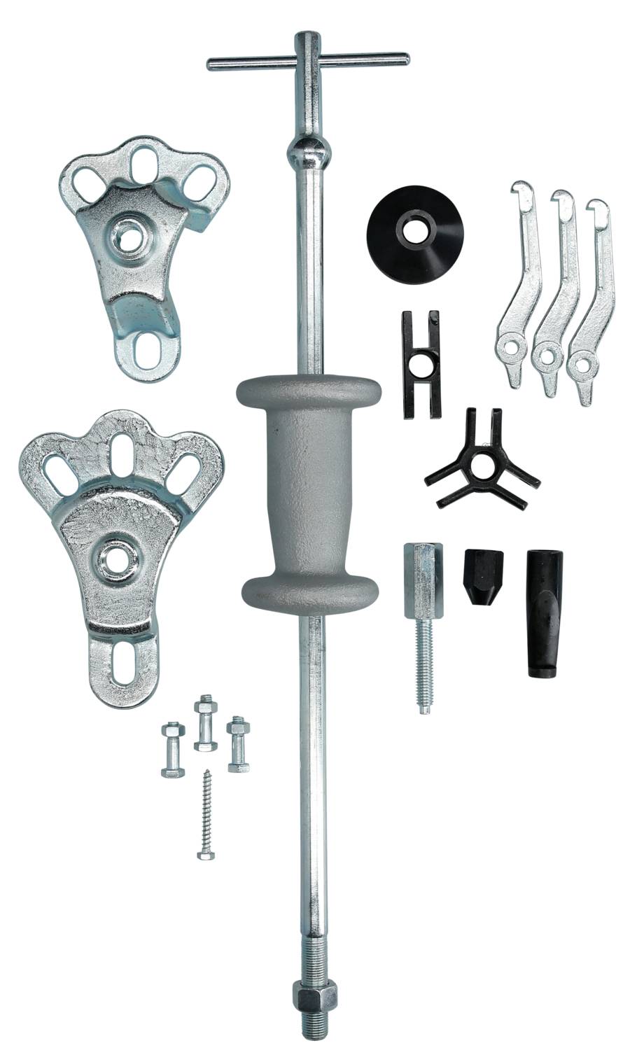 A set of automotive repair tools comprising a sliding hammer, hook, screws, and accessory parts for car repairs.