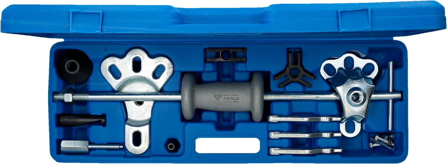 A blue toolbox contains tools such as a puller hammer, extractor, and additional accessories, which are precisely arranged in compartments.