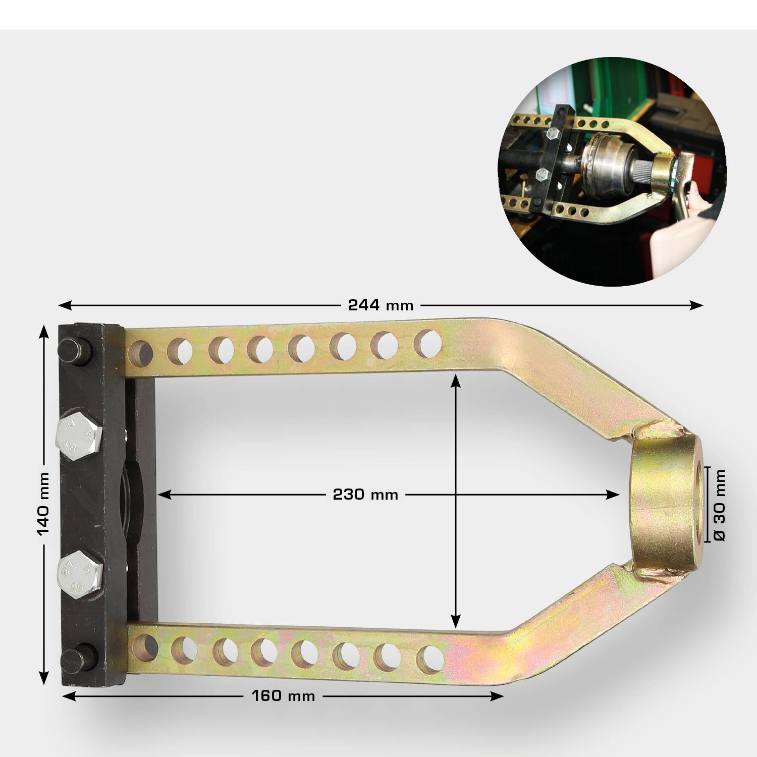 'Metal mounting bracket with dimensions: 244 mm length, 140 mm width, internal height 230 mm, diameter 30 mm. Small inset: Detailed view of the mounting process.'