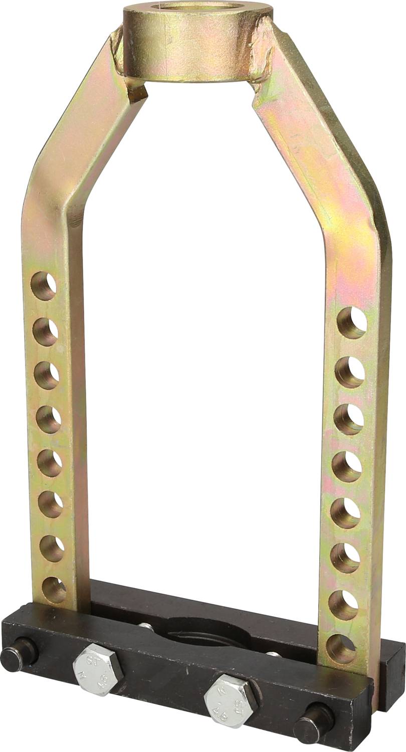 Metallic lifting bracket with multiple screw holes, mounted on a black base with two visible screws. Used for lifting heavy loads.