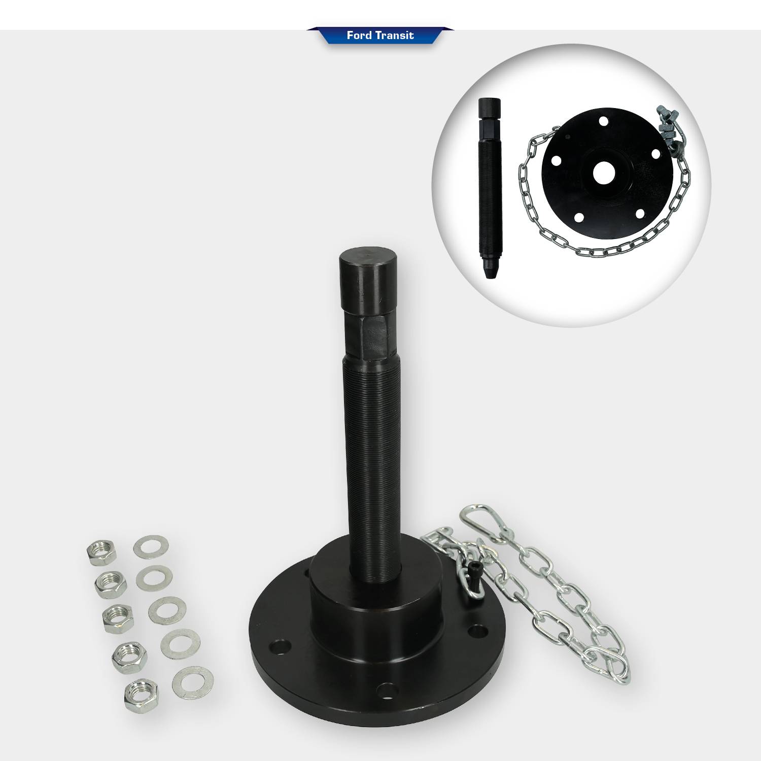 Assembly tool for 'Ford Transit': Circular metal part with chain and additional screw accessories. Evidently for repair work.