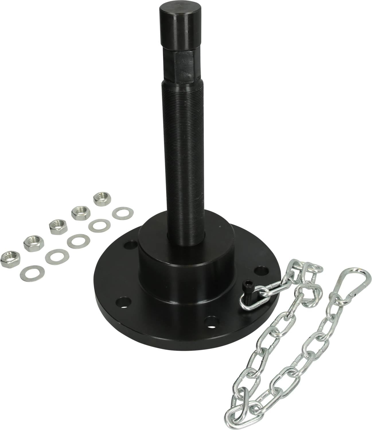 Black metal device with a long threaded shaft, circular base, six nuts, washers, and an attached chain with a carabiner hook.