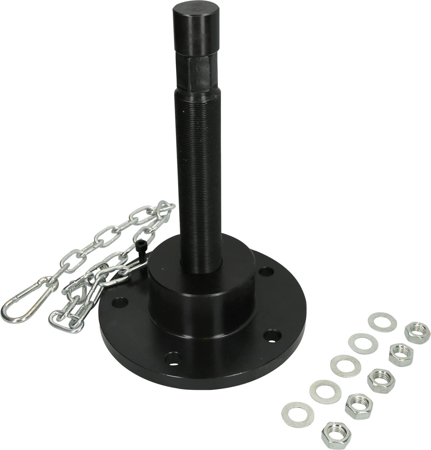 Black, cylindrical mounting bracket with chain, carabiner hook, and six metal rings on the side. Used for attachment or securing purposes.