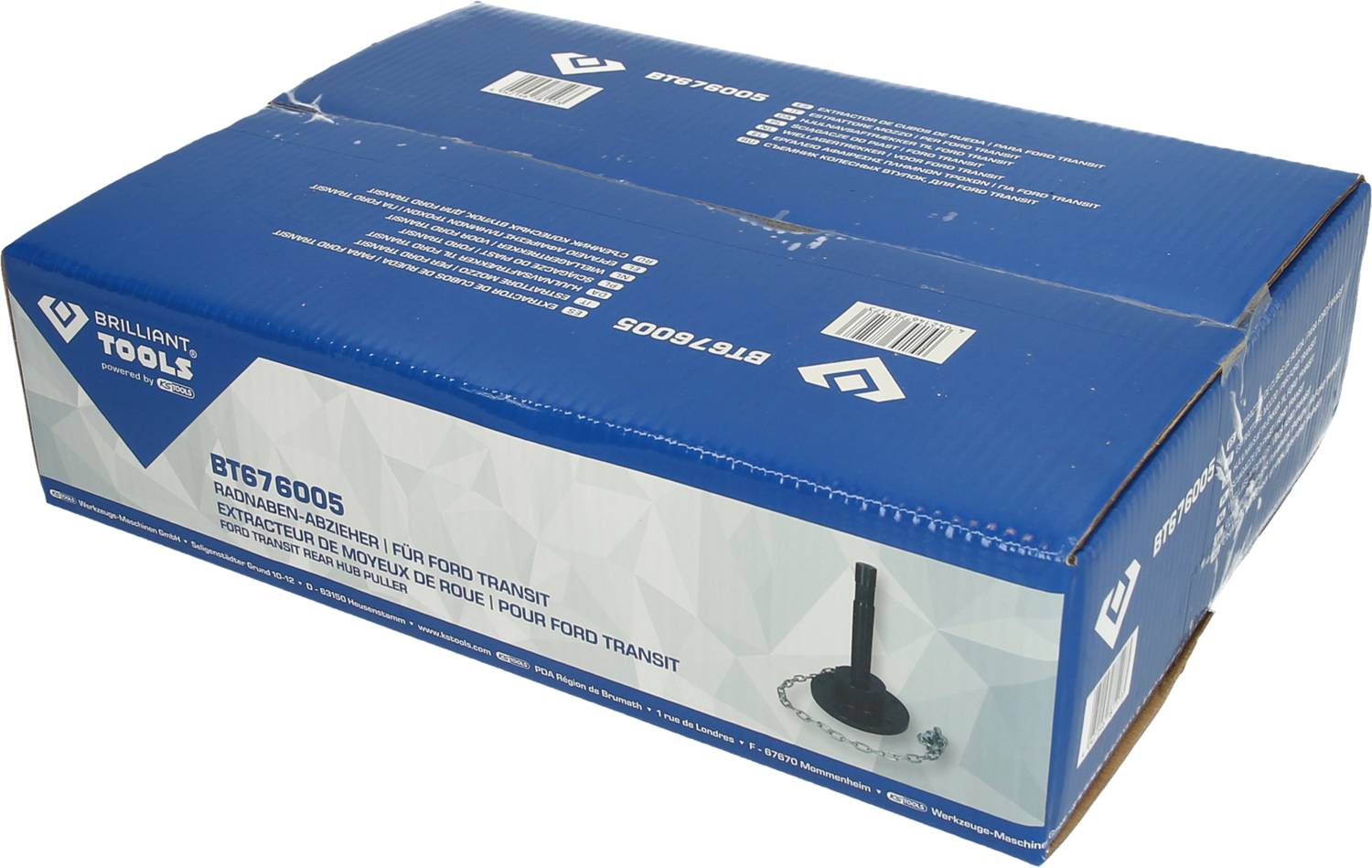 A blue box labelled 'Wheel Bearing Puller for Ford Transit'. Contains a tool for installing/removing wheel bearings.