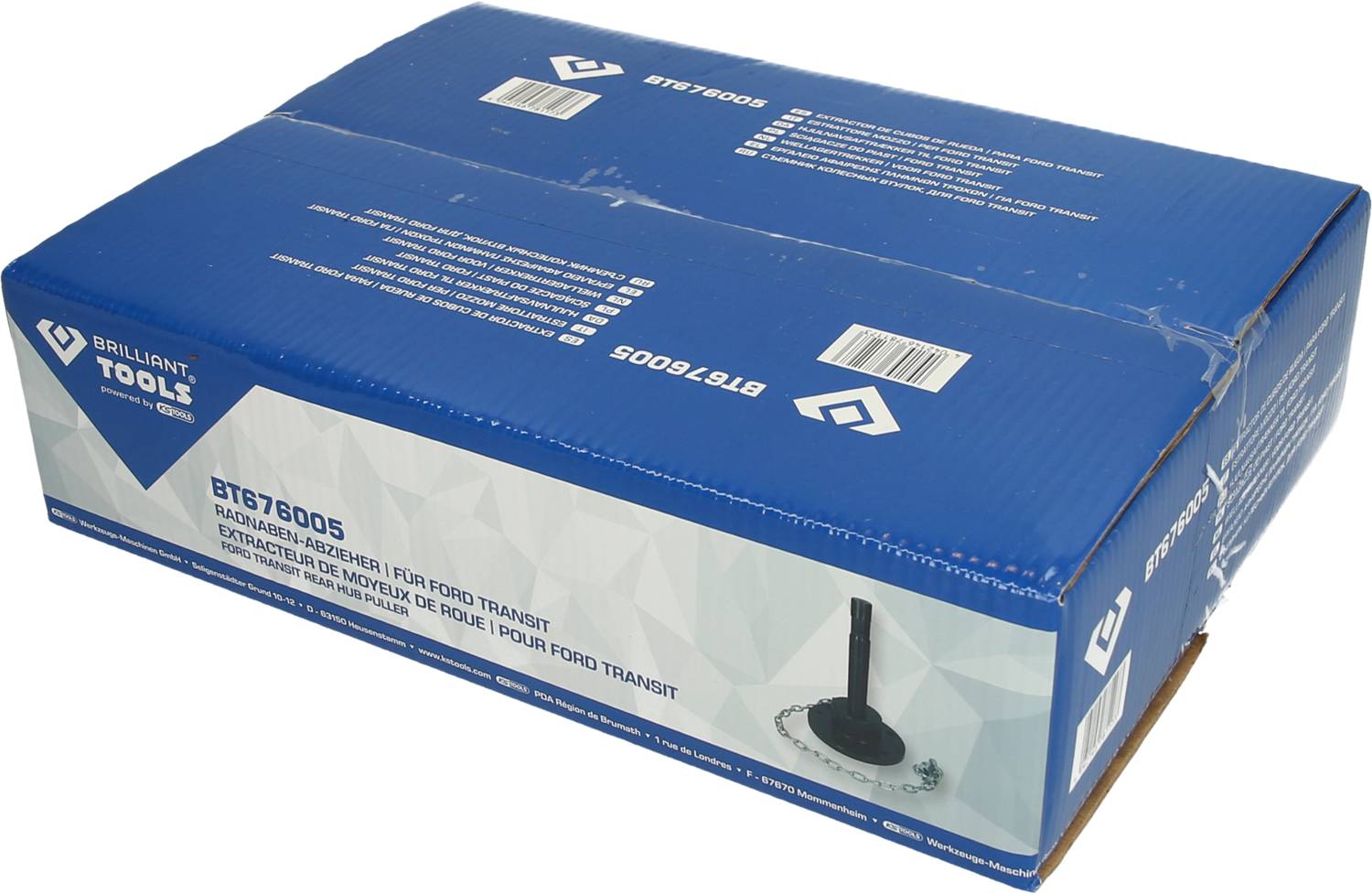 A blue cardboard box with the inscription 'Brilliant Tools'. Contains spare parts for Ford Transit. Model number BT670005 printed on it.