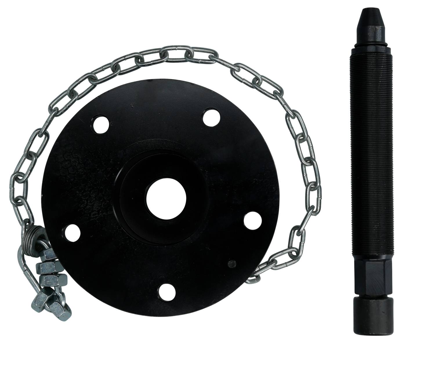 Black metal disc with five holes, with a chain and bolts attached. On the right, a black cylindrical rod.