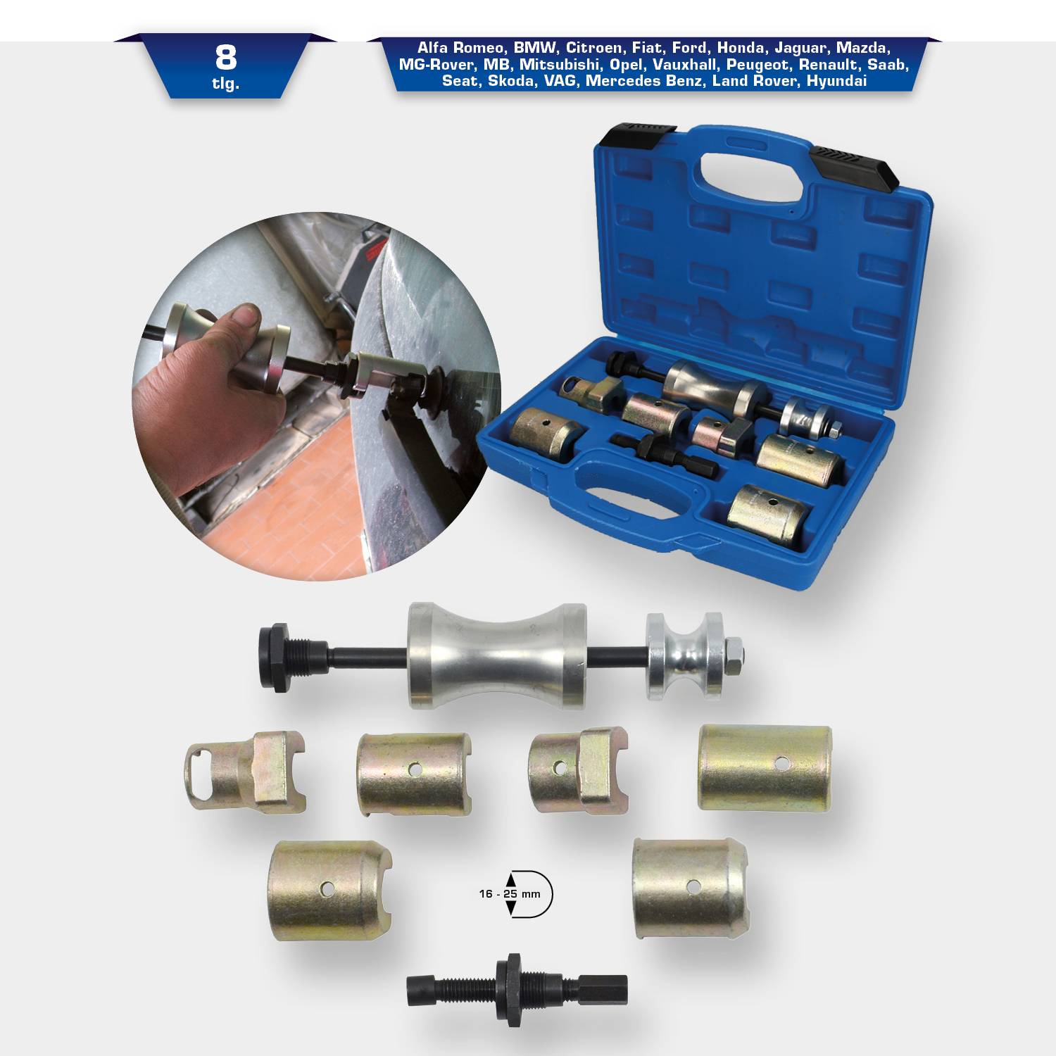 A set of mechanical tools in a blue plastic box. Contains various attachments for removing wheel bearings.