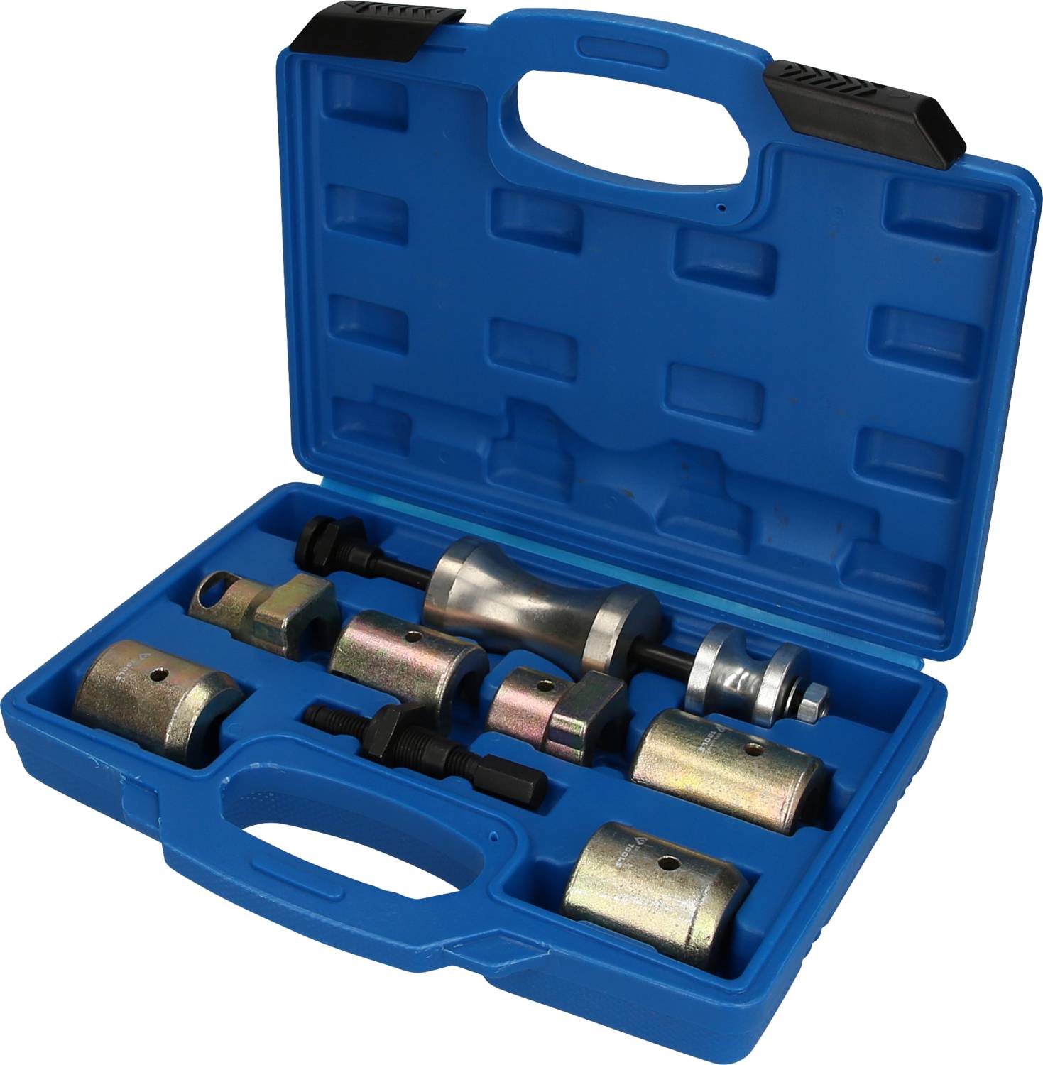 'A blue plastic case with various metal tools for removing and installing wheel bearings. The tools are neatly arranged.'