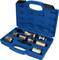 'A blue plastic case with various metal tools for removing and installing wheel bearings. The tools are neatly arranged.'