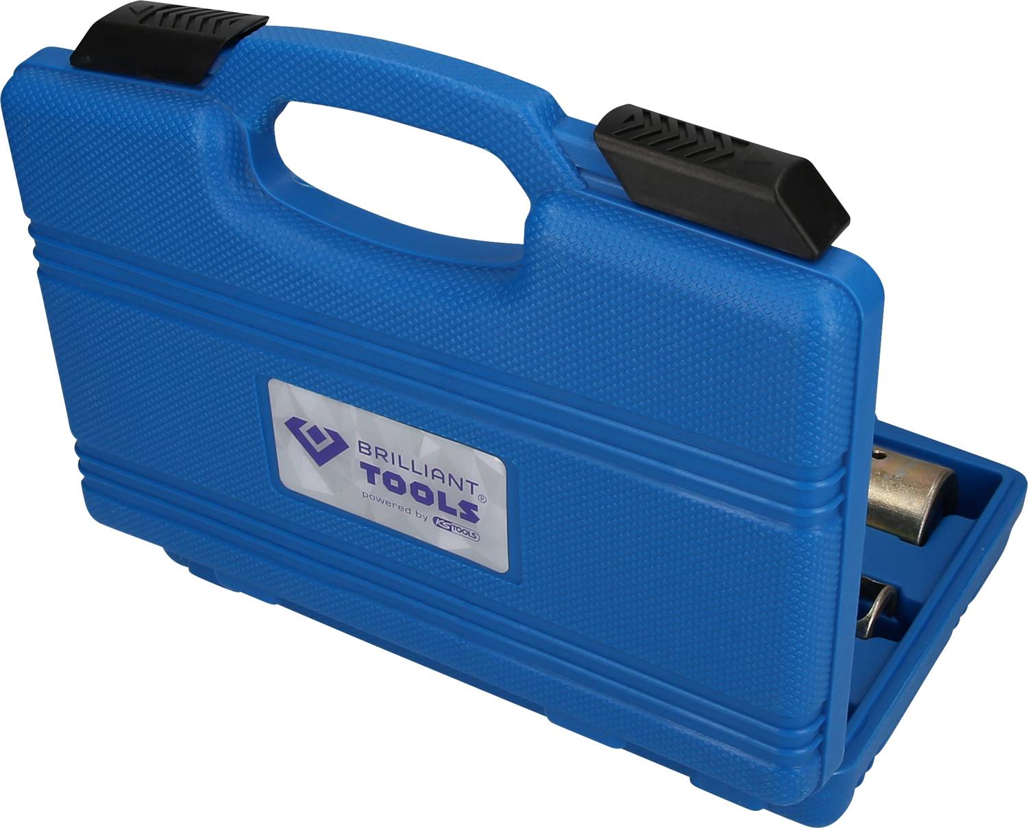 Blue tool case with carry handle and 'Brilliant Tools' label on the front, partially open, showing tools inside.