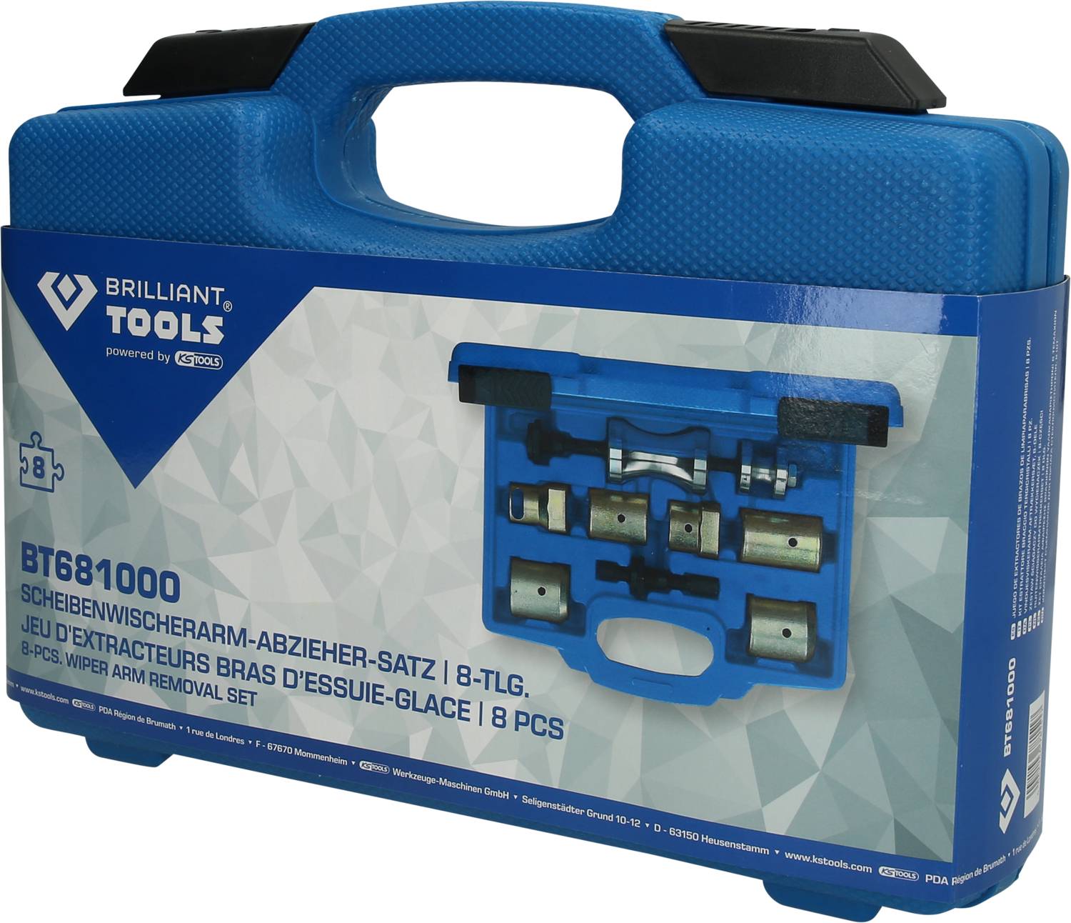 'Brilliant Tools' blue case with an 8-piece windscreen wiper arm puller set, model number BT681000.<br><br>Note: This translation preserves the original meaning, maintains the technical specifications, and uses British English spelling and terminology.