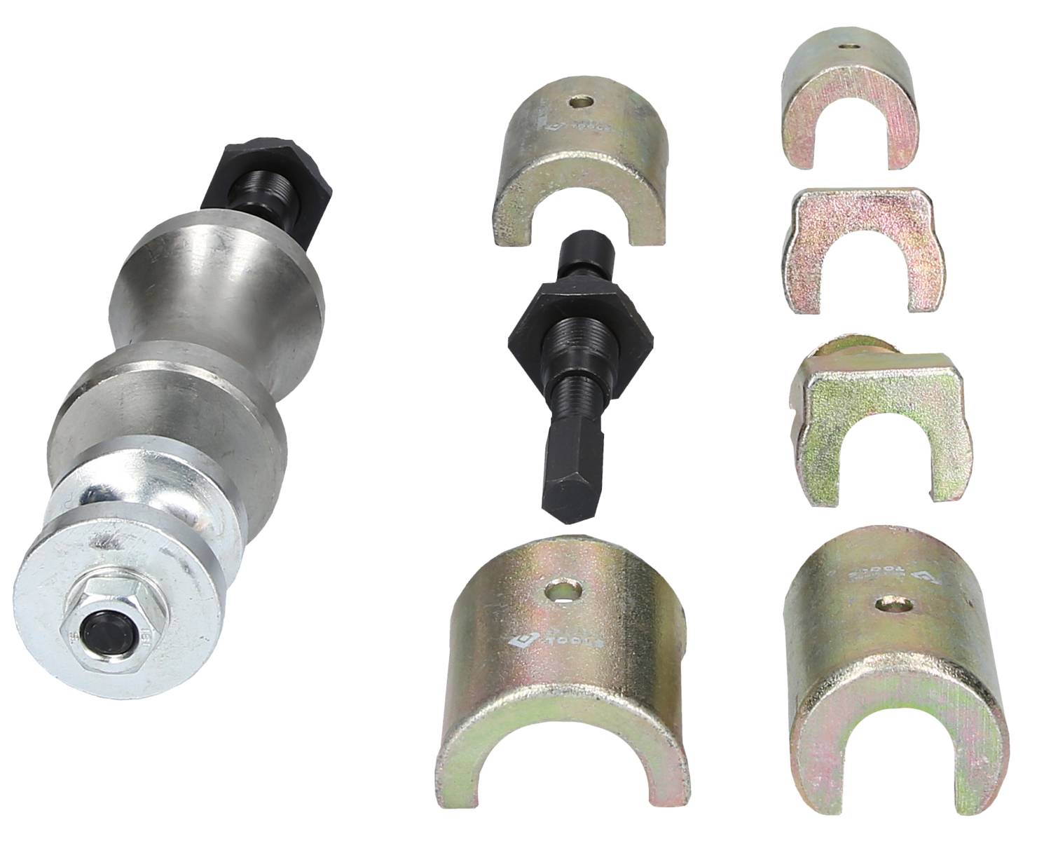 Set of metal tools for removing and installing bearings, consisting of a threaded spindle and various clamps.