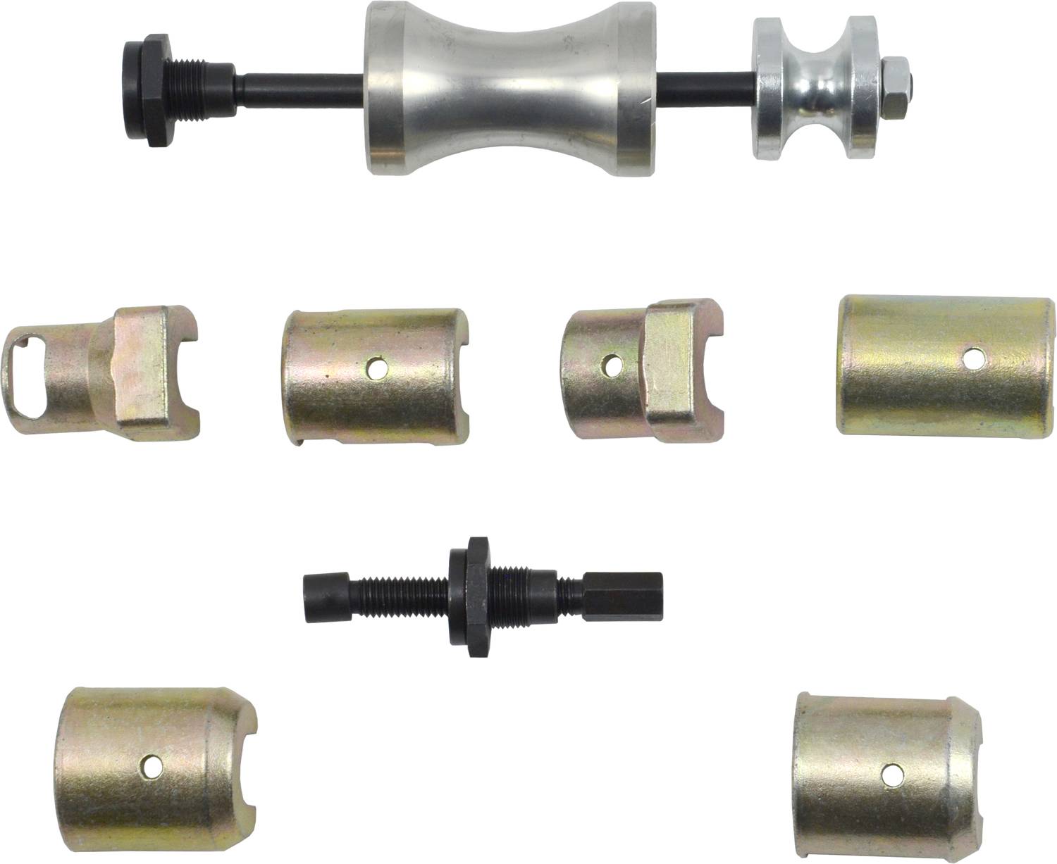 Illustration of a car repair tool set with various attachments and pulling tool, used for removing bearings.