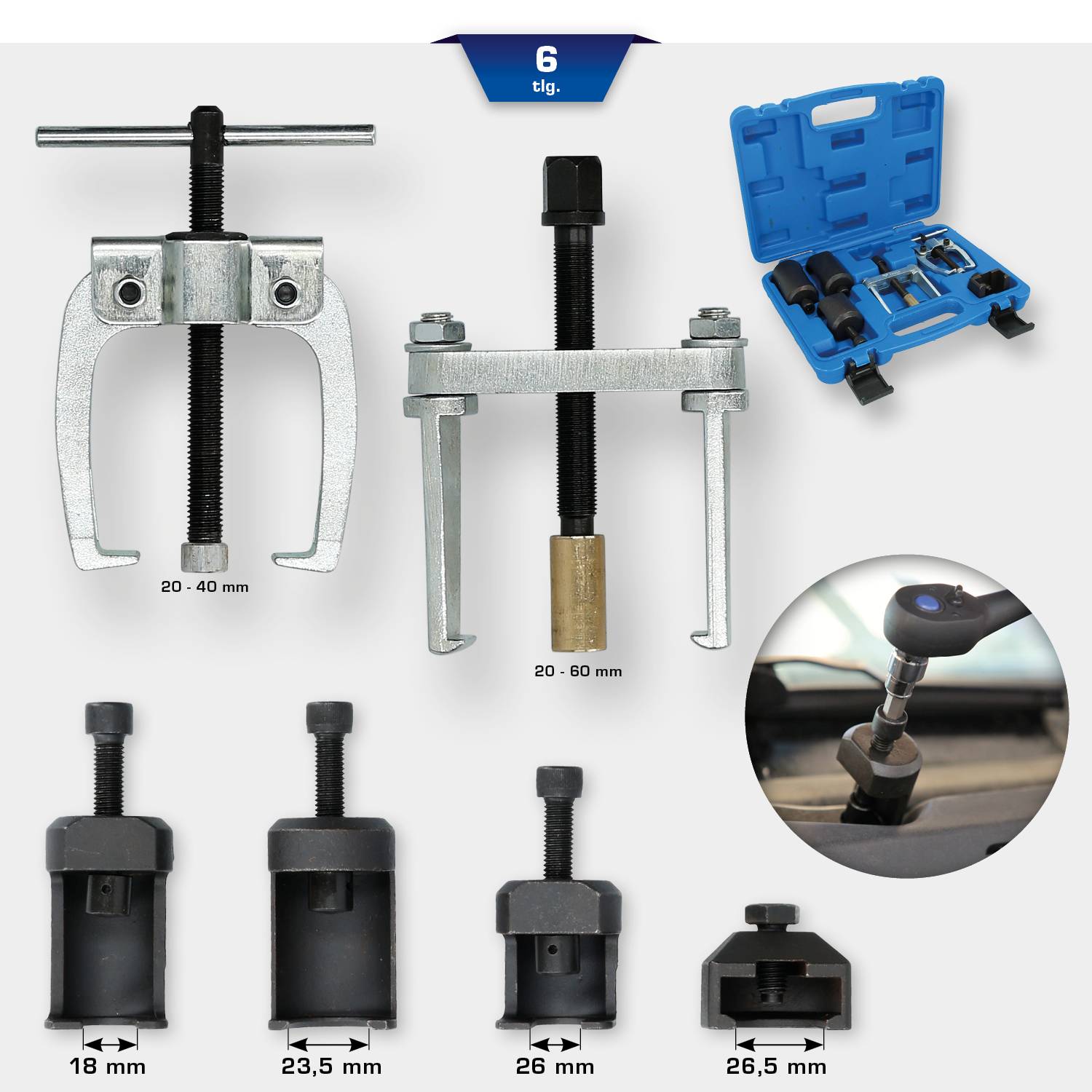 'Puller Set, 6-piece: Puller for ball bearings, case and five adapters from 18 to 60 mm. Application on vehicle demonstrated.'