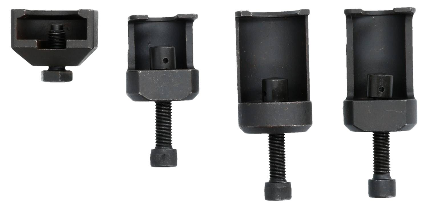 Four black metal clamps with screws, shown in different positions; suitable for fixing or holding purposes.