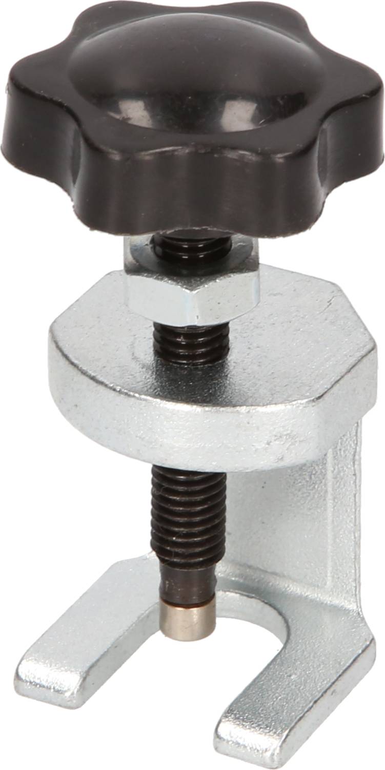 Silver workshop clamp with black rotating handle, suitable for precisely holding workpieces.