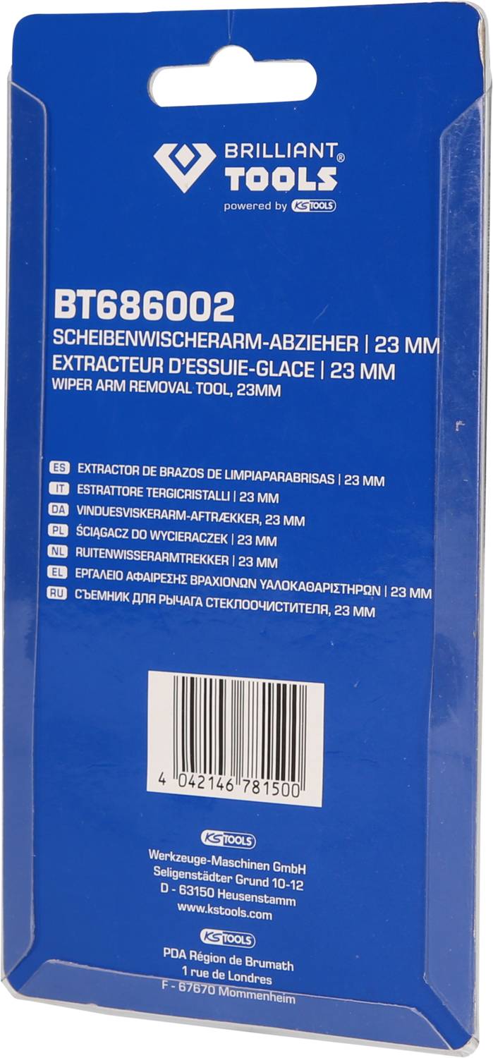 Back of a tool packaging with the inscription 'Windscreen Wiper Arm Puller, 23 mm'. Multilingual product information and barcode.