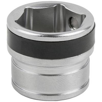 A silver socket extension with a black ring, manufactured from metal, is shown from a slightly angled perspective.