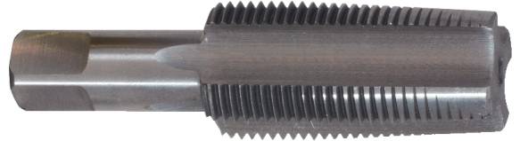 A cylindrical metal tap with sharp cutting edges and a grooved surface, used for cutting threads in holes.