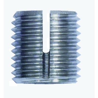 A silver threaded insert with a slot and multiple grooves, photographed against a light background.