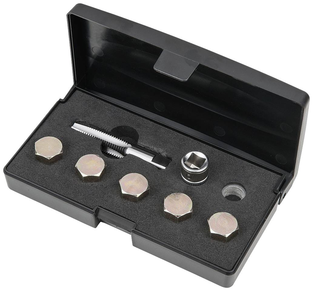 A set of six round threading heads and a tap in a black box with foam lining.