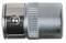 Metal valve cap. Silver, cylindrical with grooves and shiny details. Commonly used for tyre valves.
