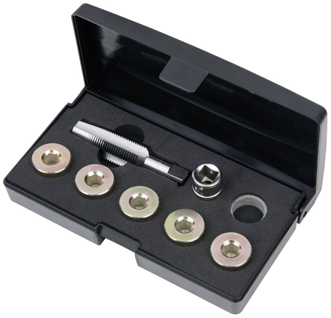 A black set with six rings, a tap and an adaptor in a rectangular case for repairing oil drain plugs.