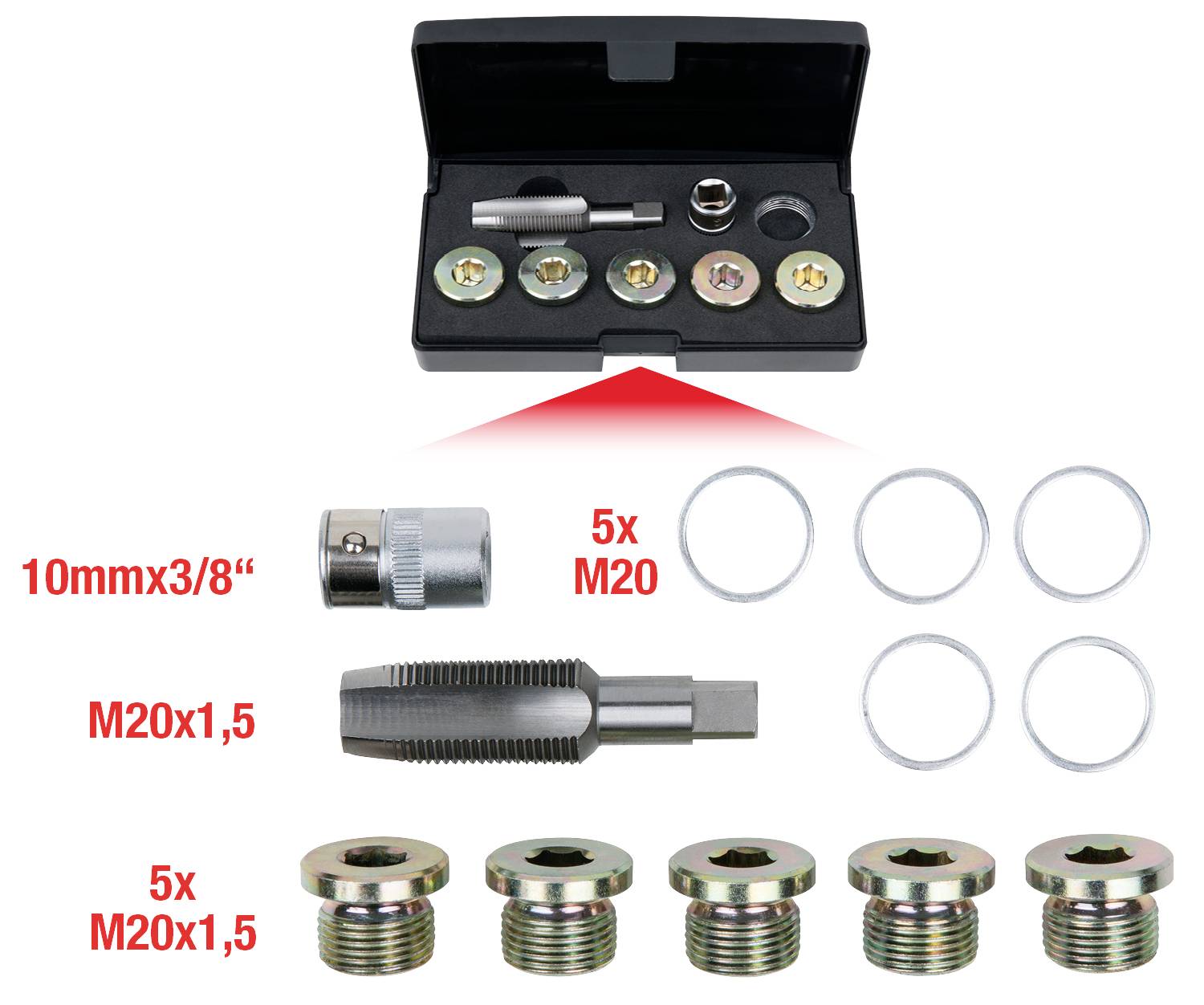 A set of oil sump repair tools with a tap, adapter, gaskets, and blanking plugs in various sizes.