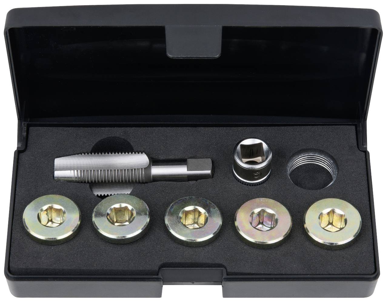A thread-cutting set in a black case contains taps, inserts and dies for repairs and manufacturing of threads.