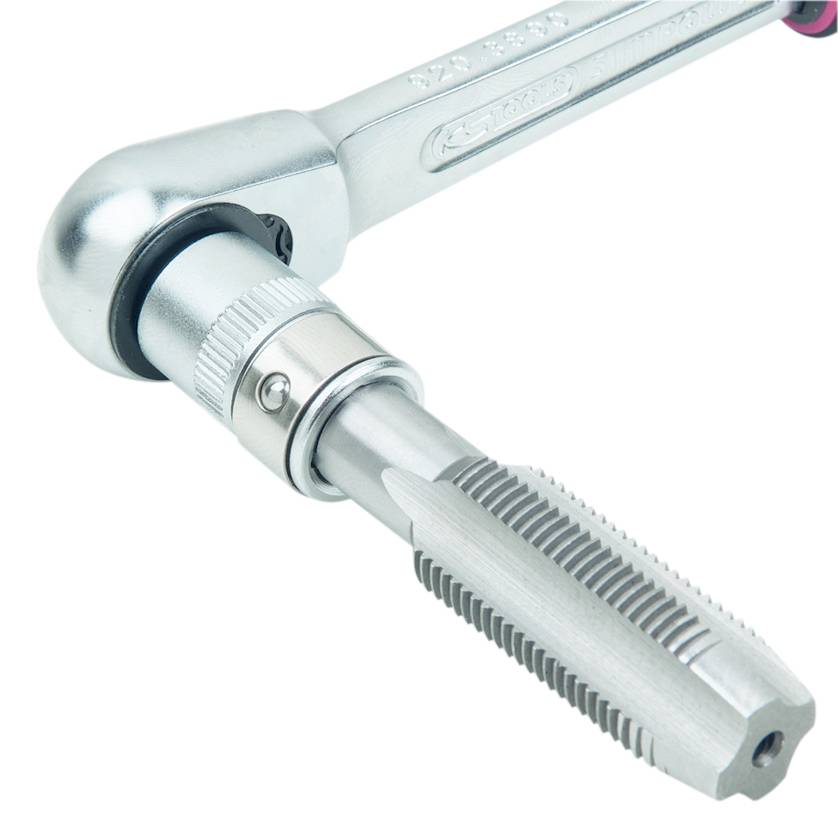 A silver ratchet spanner with an extended metal drill bit attachment, suitable for mechanical or technical work.