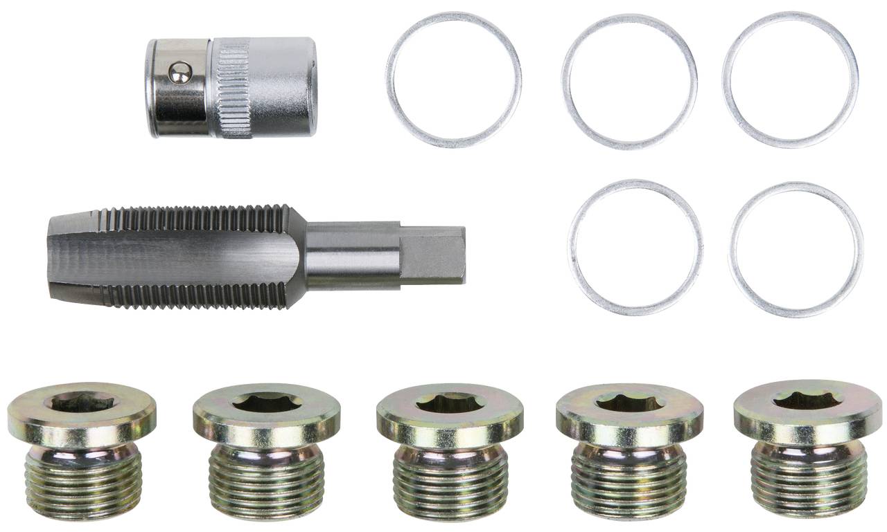 A thread repair kit with a tap, adapter and six metal rings. Used for repairing or renewing threads.