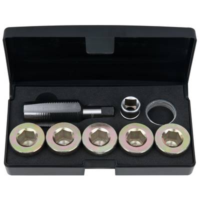 Black plastic box containing five circular metal parts and a grooved tool with a square-headed attachment.