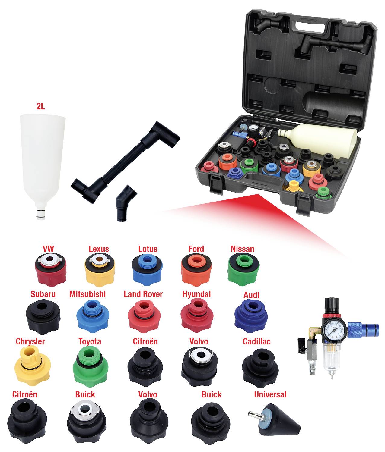 'Universal Cooling System Pressure Test Kit' with various adapters for vehicle diagnostics, colour-coded according to car manufacturers.