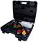 'Black tool case with various colourful adaptor rings and connections, opened to display the contents.'