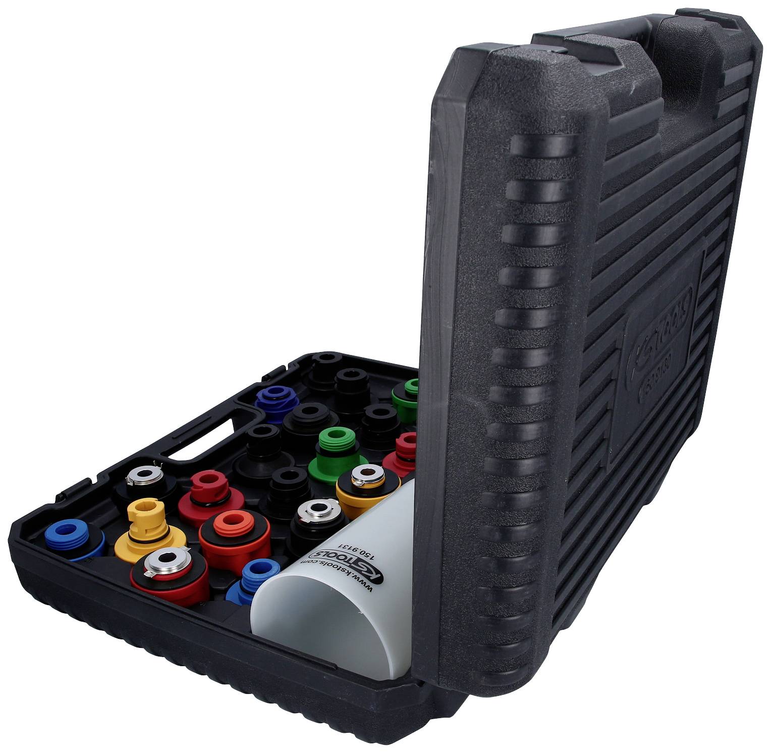 A black tool case, open, reveals colourful adapters and accessories for cooling systems.