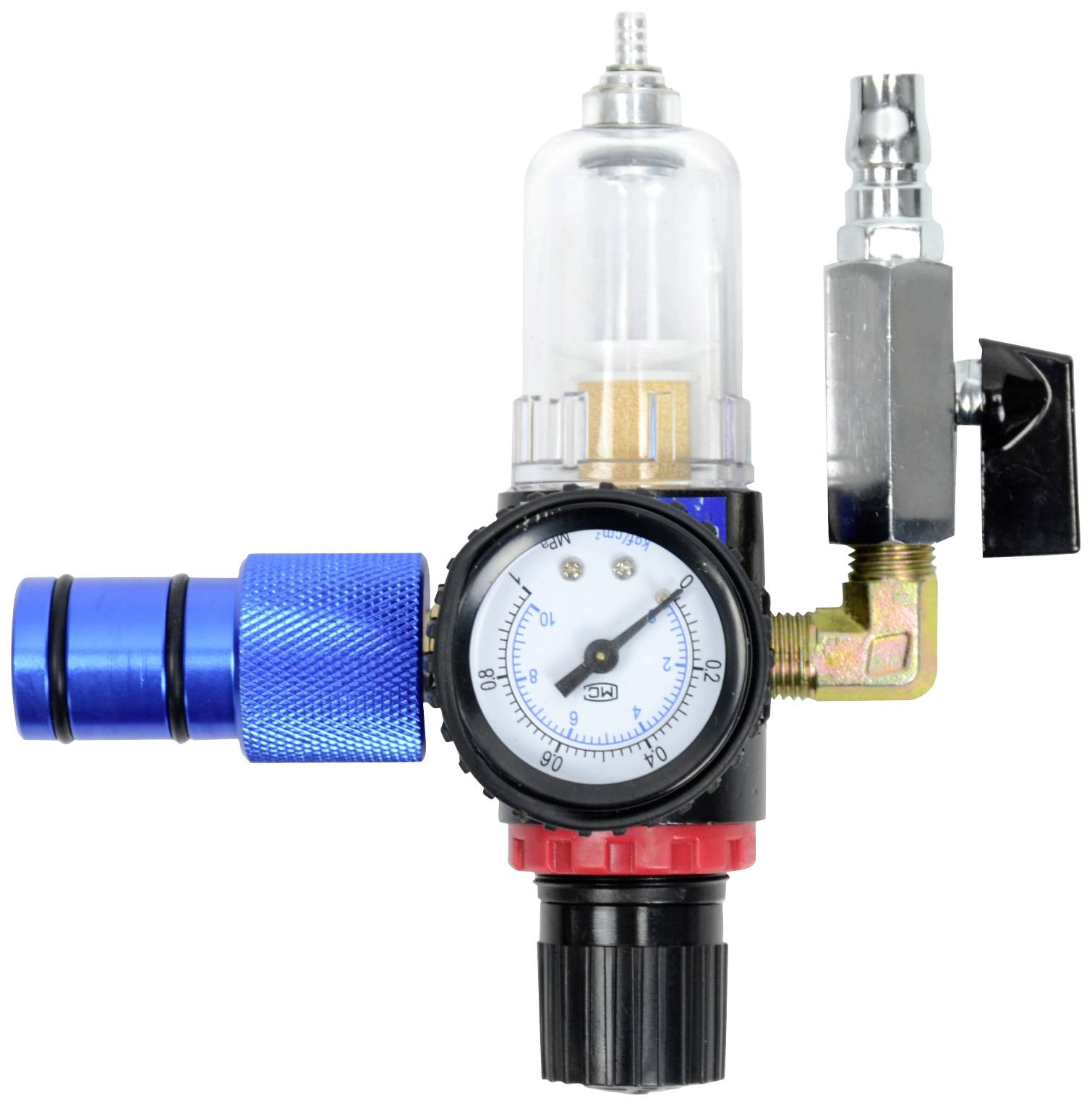 Pressure regulator with manometer and blue connection coupling. Primarily used in compressed air systems for pressure regulation.