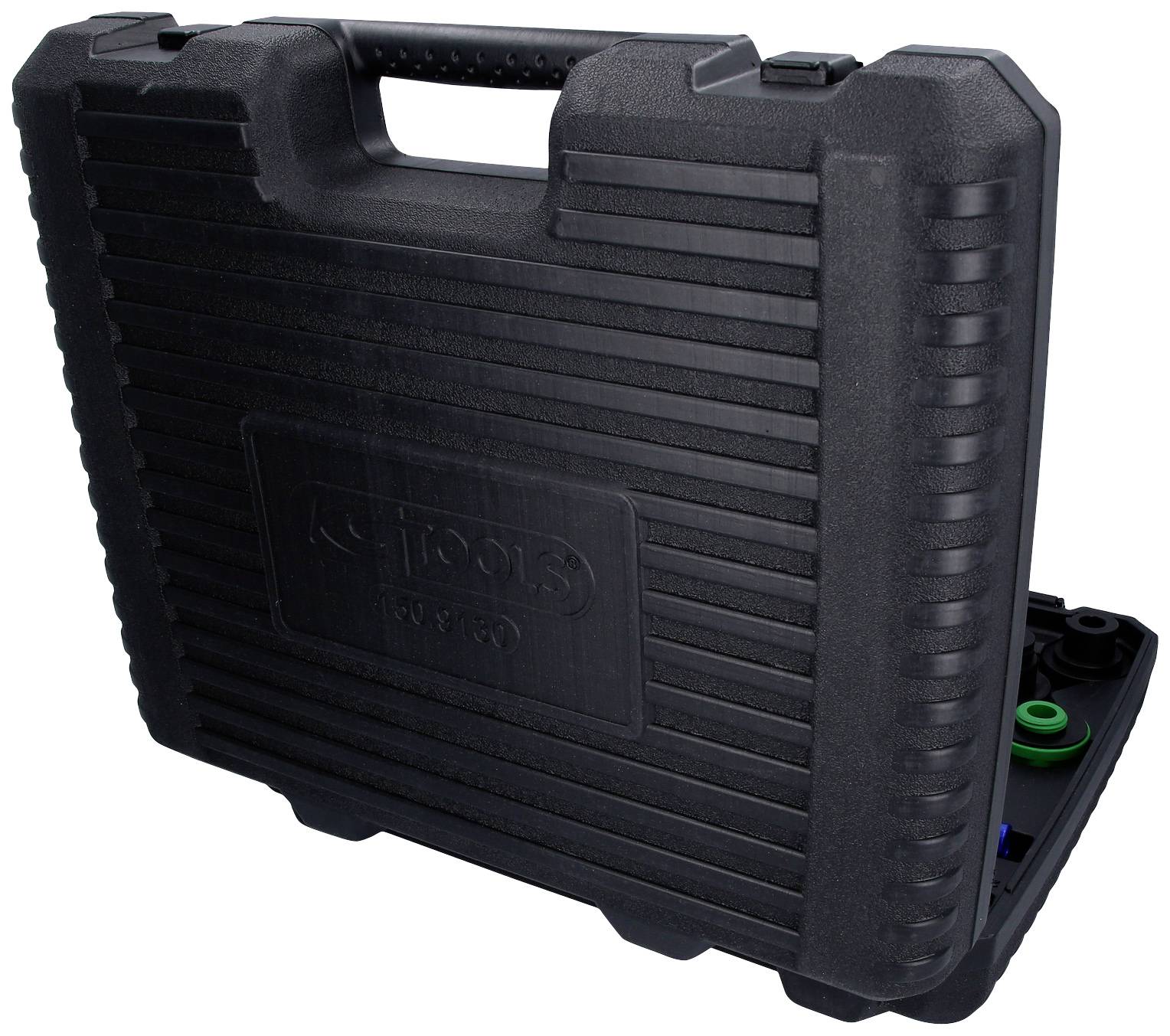 Black, robust tool case with handle, closed.