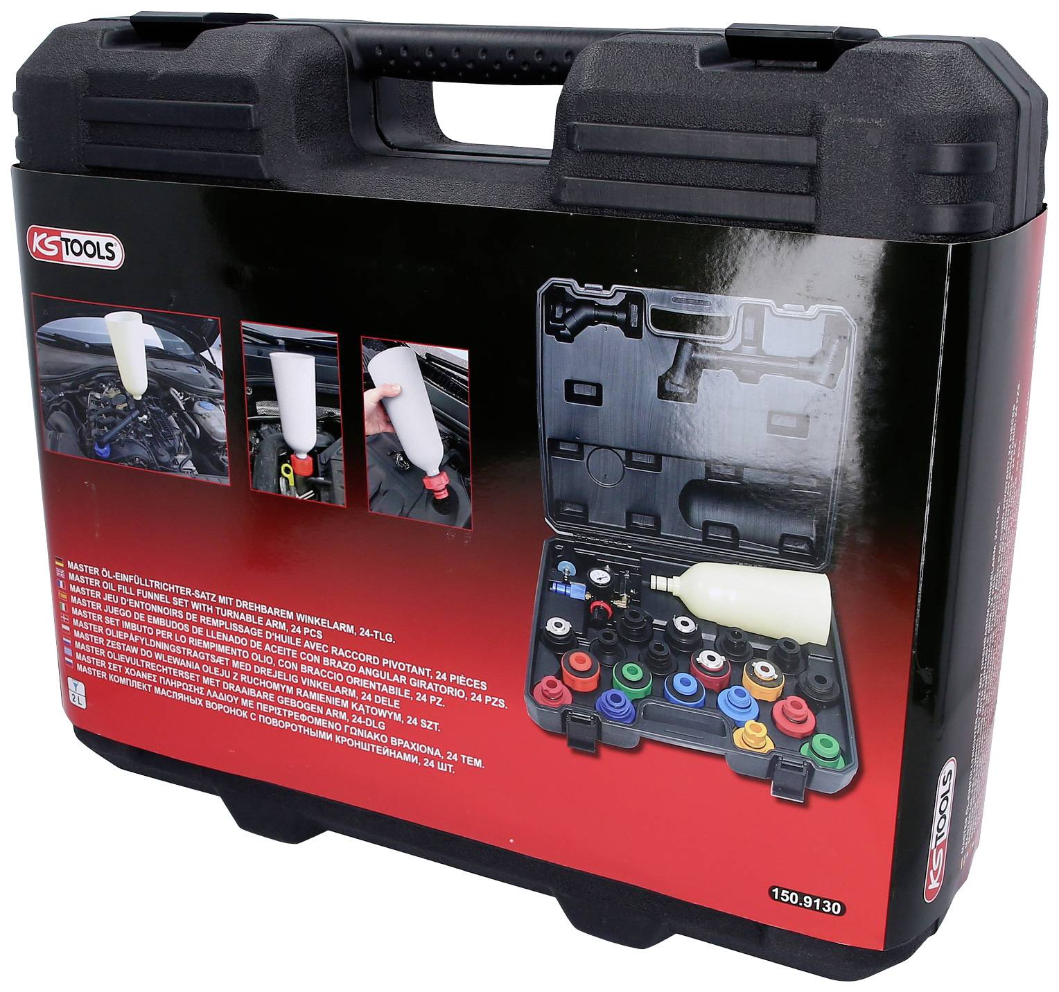 Plastic case with open lid displays a coolant filling tool kit with various adapters and bottle.