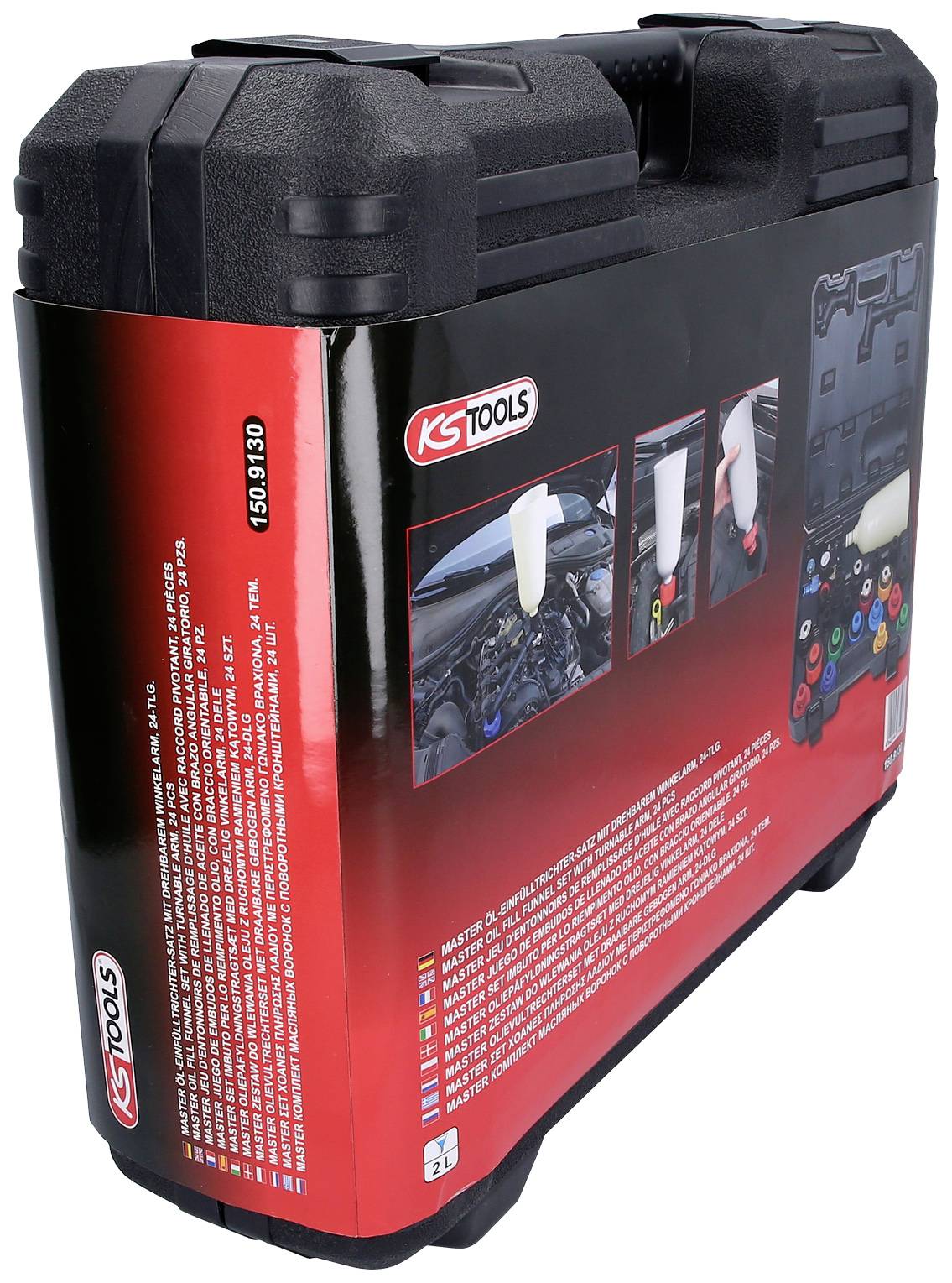 A black and red toolbox from KS Tools, rectangular with a carrying handle, displays illustrations and technical information on the side.