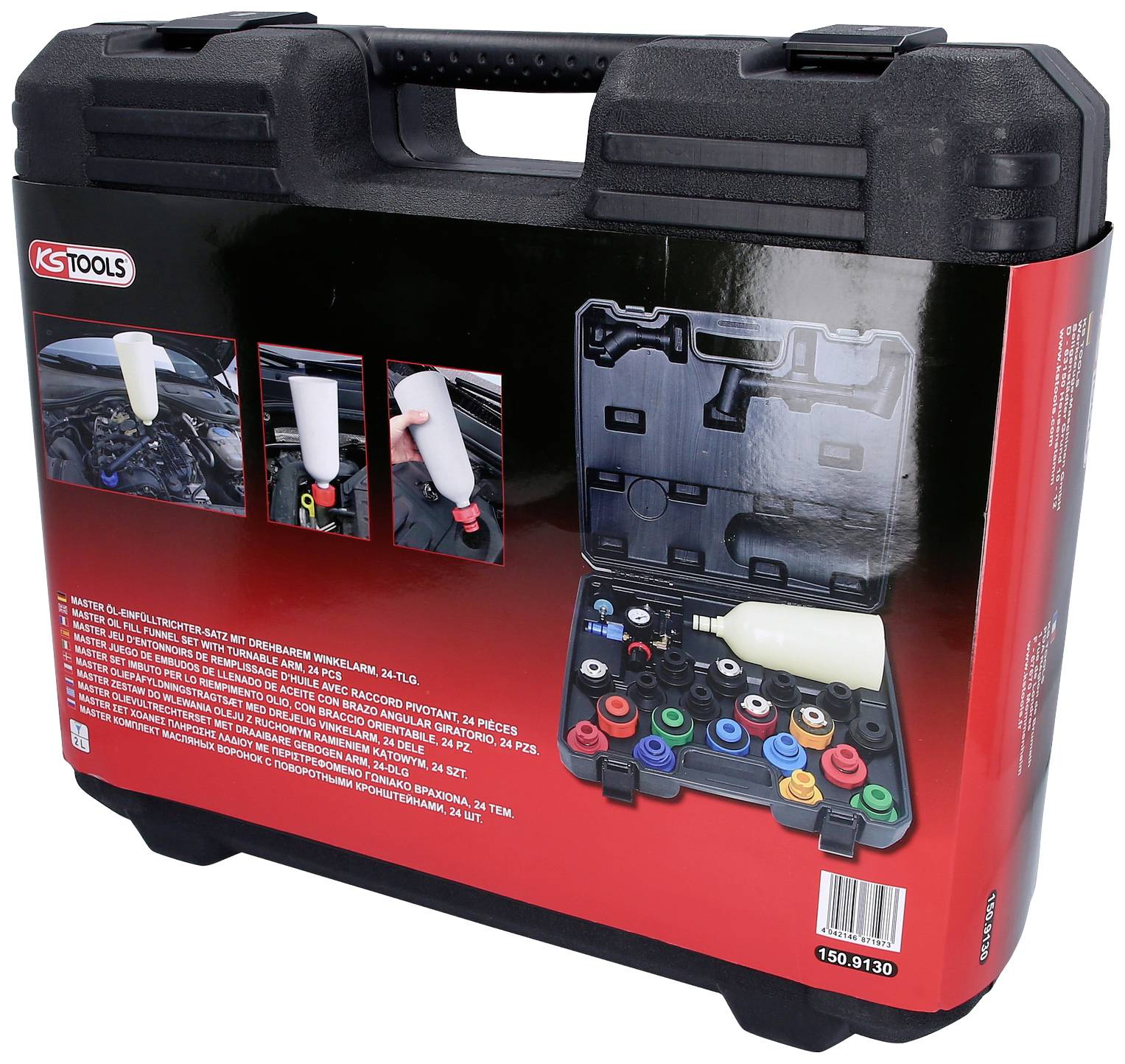 Black plastic case with handle. Inside, a set of automotive cooling system test tools with bottle and colourful valve caps.