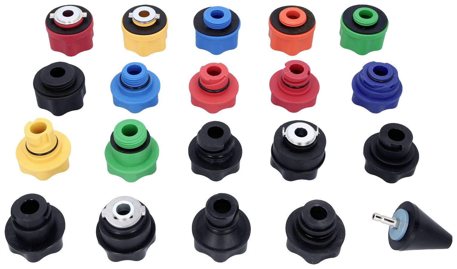 Various coloured plastic nozzles in five rows, depicted from different angles. Suitable for irrigation systems.