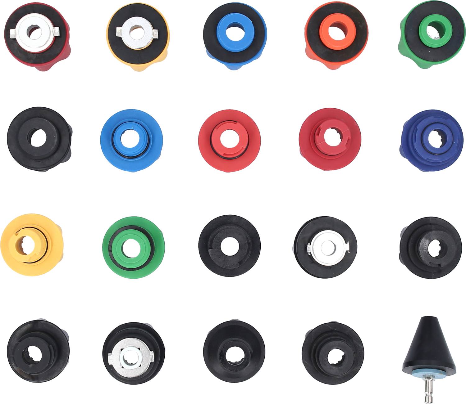 'Close-up of 18 differently coloured pen caps and a conical object on a white background, arranged in a 5x4 grid.'